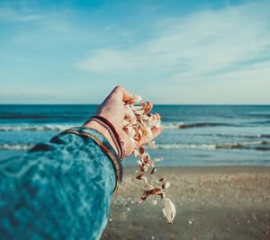 Close-up of hand holding shells on beach