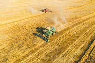 High angle view of tractor on agricultural field