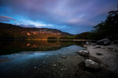 Scenic view of lake by mountains against sky