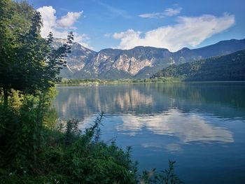 Scenic view of lake and mountains against sky