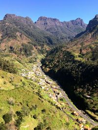 High angle view of mountains against clear sky