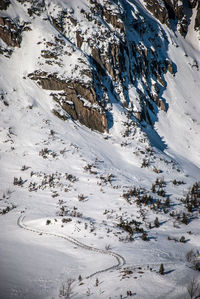 High angle view of snow covered land