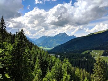 Scenic view of pine trees and mountains against sky