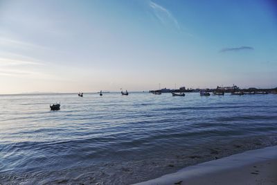 Sailboats in sea against sky during sunset