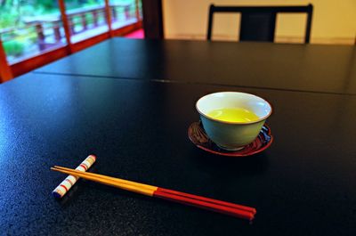 High angle view of breakfast on table