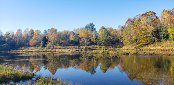 Reflection of trees in lake against sky during autumn