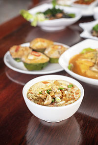 High angle view of meal served on table