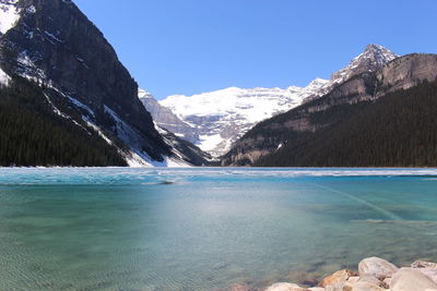 Scenic view of lake in front of mountains against clear sky