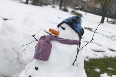 Close-up of stuffed toy on snow covered land