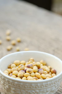 High angle view of eggs in bowl on table