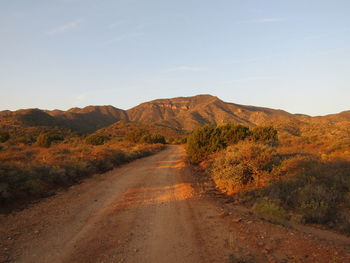 Dirt road amidst landscape against sky