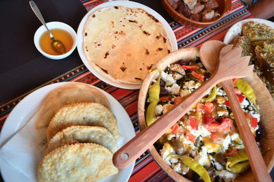 High angle view of breakfast served on table