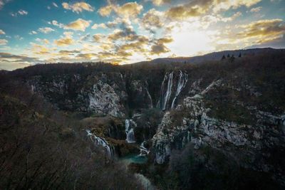 Scenic view of mountains against sky during sunset