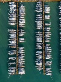 Aerial view of a lot of yachts and boats moored in marina