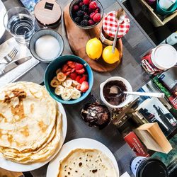 High angle view of breakfast on table