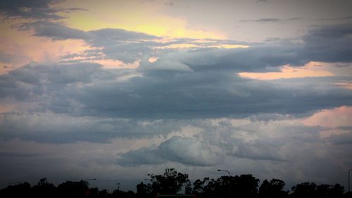 Low angle view of silhouette trees against dramatic sky