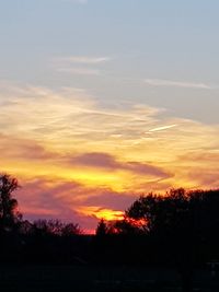 Silhouette trees on field against romantic sky at sunset