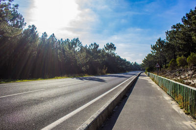 Empty road along trees and plants against sky