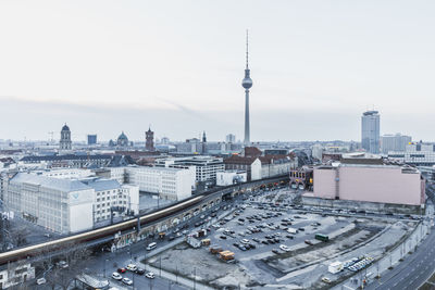 High angle view of buildings in city against sky