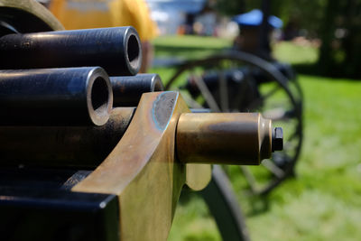 Close-up of camera on field