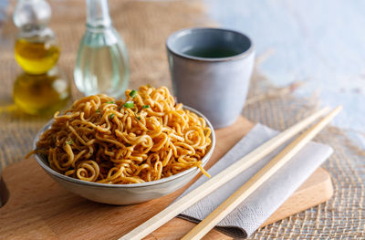 High angle view of noodles in bowl on table