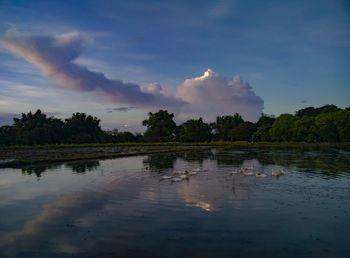 Scenic view of lake against sky at sunset