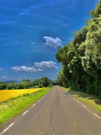 Empty road amidst trees against sky