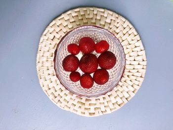 Directly above shot of strawberries in basket on table