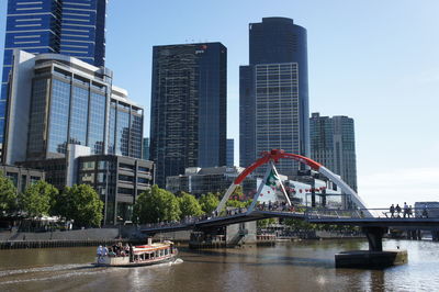 Low angle view of bridge over river in city