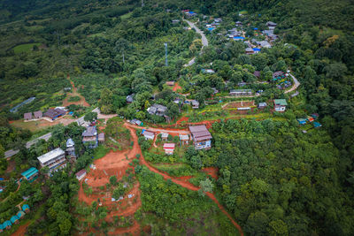 High angle view of trees and houses by building