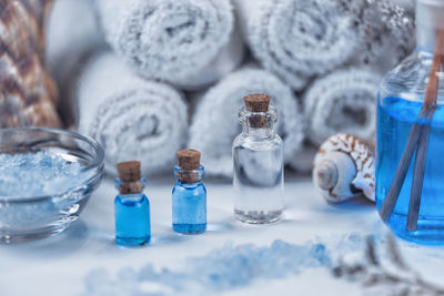 Close-up of objects on table at spa