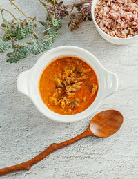 High angle view of soup in bowl on table