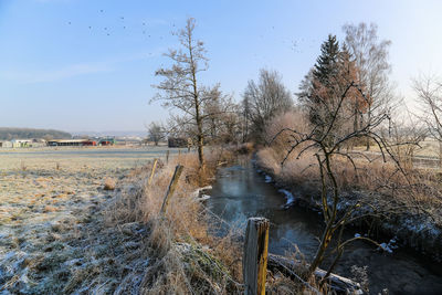 River amidst field during winter