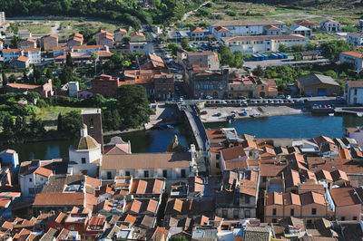 High angle view of houses in town