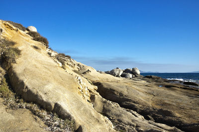 Rock formations by sea against clear blue sky