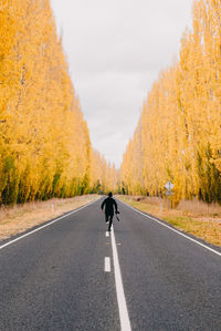 Rear view of man running on road amidst trees during autumn