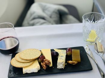 High angle view of breakfast served on table