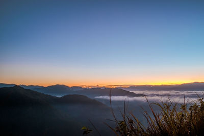 Scenic view of lake against clear sky during sunset