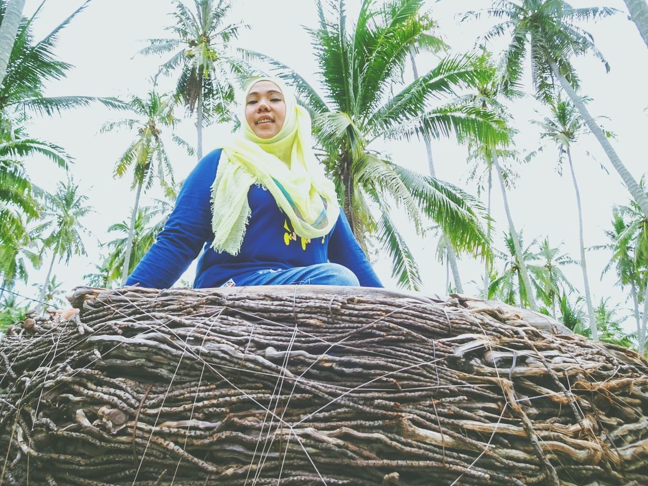 one person, plant, agriculture, smiling, adult, tree, nature, portrait, happiness, front view, looking at camera, palm tree, day, emotion, women, low angle view, outdoors, sky, tropical climate, crop, blue, sitting, leisure activity, lifestyles, casual clothing, person, rural scene