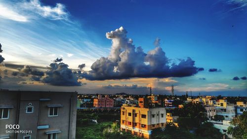 High angle view of buildings against sky