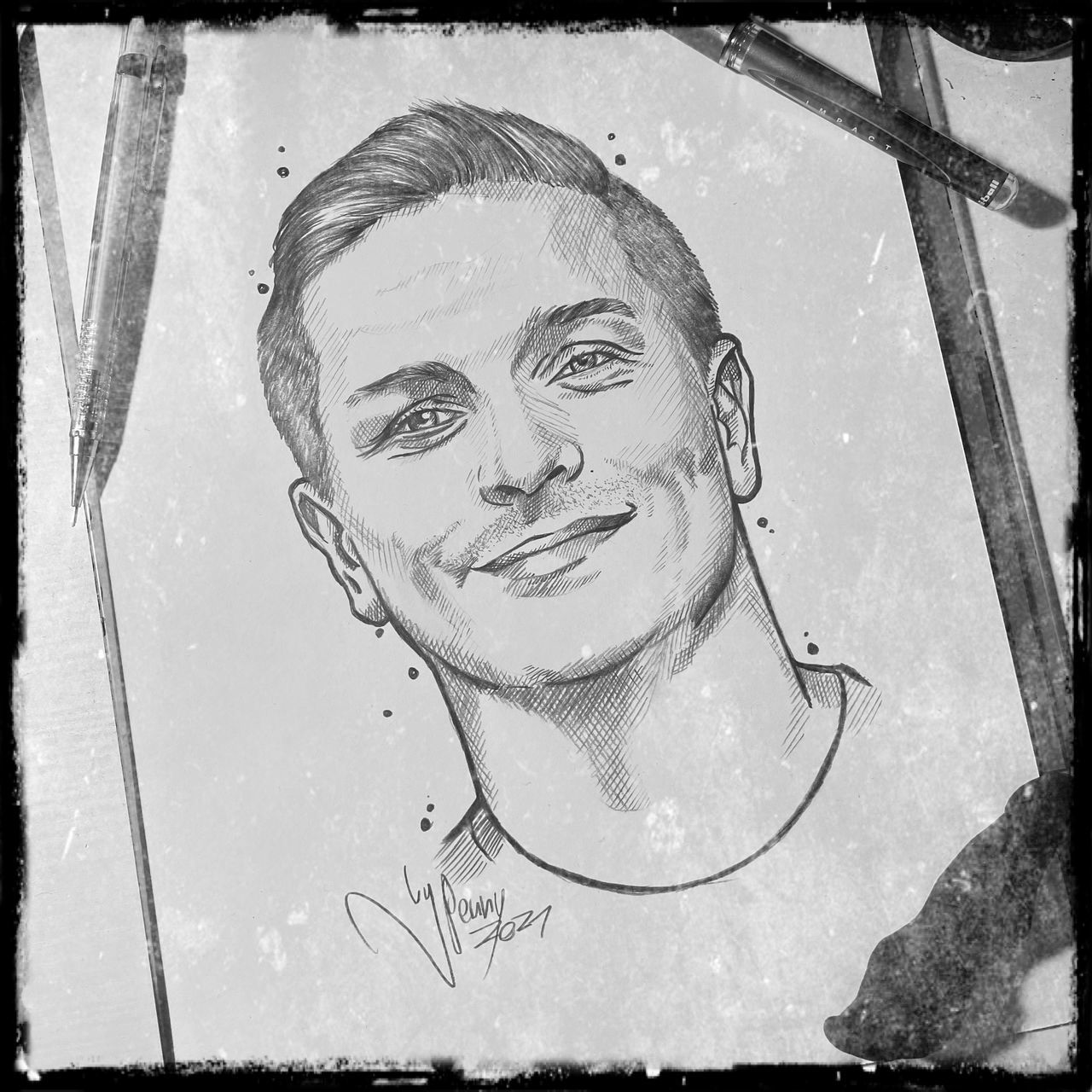 black and white, smiling, auto post production filter, sketch, portrait, drawing, one person, transfer print, monochrome photography, headshot, representation, human face, human representation, cartoon, creativity, front view, close-up, person, monochrome