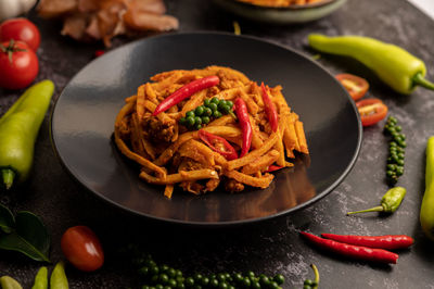 High angle view of food served on table