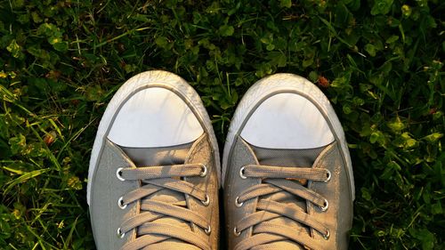 High angle view of shoes on field