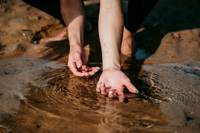 High angle view of man working in water