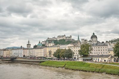 Buildings by river against cloudy sky