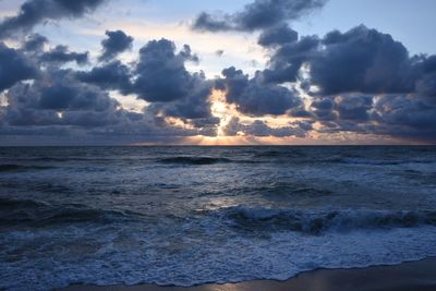 Scenic view of sea against dramatic sky