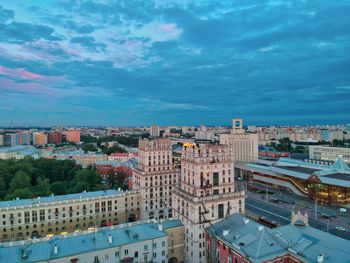 High angle view of buildings in city