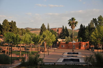 High angle view of palm trees in town against sky