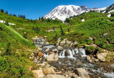 Scenic view of stream amidst rocks against sky