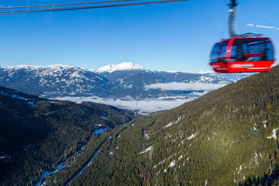 Overhead cable car on snowcapped mountains against sky